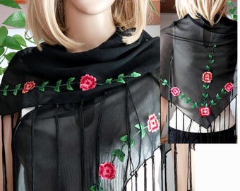 Vintage schiere schwarze Chiffon Hand bestickt Rose Floral Schal