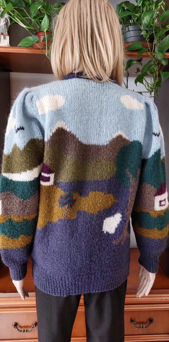 Vintage Hand-knitted Wool Blend Cardigan: Landscape Embroidery