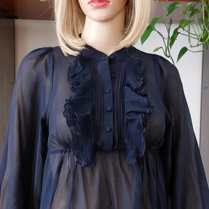 INTIMISSIMI vintage babydoll sheer silk night shirt/Vintage coquette blue sheer silk long sleeve top/Romantic silk ruffle babydoll dress/XS