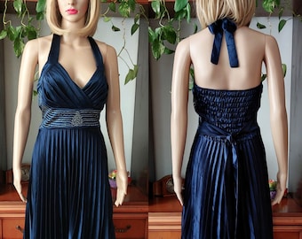 Vintage Prom Party Beaded  halter dress for women/Cocktail Embellished Midi dress S