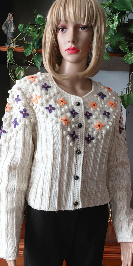 Vintage Austrian knitted flower cardigan/Vintage … - image 3