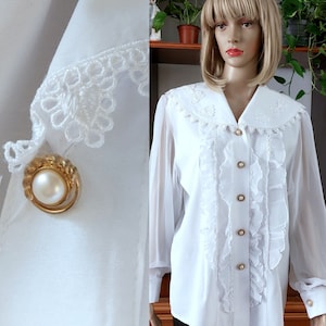 FRENCH vintage white lace blouse/Edwardian Victorian style sheer lace  blouse/Evening Romantic collar blouse women/Sheer lace blouse/XL/