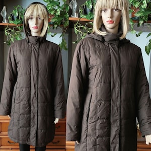 ANDREA MARE  vintage puffer down  coat oversized/Vintage hooded puffer down coat/Long brown puffer coat/Women's hooded down overcoat/ XL