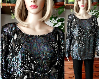80-tals vintage paljett sidenblus/handbroderad pärlpärlskinnströja för kvinnor, 2XL