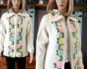 cardigan en tricot de laine mérinos vintage/manteau cardigan long à broderie florale pour femme/veste épaisse doublée en tricot de laine duveteuse/veste en tricot bohème