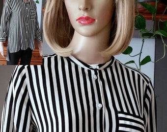 Bluzka w paski z jedwabiu w stylu vintage – kołnierzyk stójka, zapinana na guziki (L)