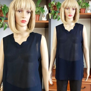 Vintage silk tank top for women/Blue semi sheer silk sleeveless blouse/Summer silk top/Secretary silk blouse/Gift for wife/Gift for her/ L