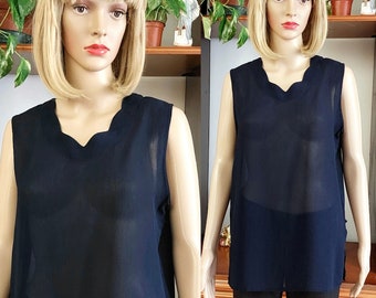 Canotta vintage in seta blu: camicetta semitrasparente senza maniche