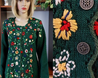 Austrian hand embroidered floral knitted cardigan with touching buttons/Tyrolean Oktoberfest Folkloric wool blend Trachten cardigan/Large