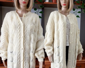Cardigan long tricoté en laine mérinos vintage unique/Cardigan en tricot torsadé à épaules dénudées pour femme/Cardigan automne