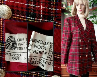 Vintage Austrian Tartan Wool Blazer: Double Breasted Plaid Jacket (XL)