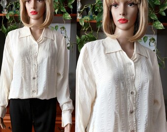 1980s vintage silk and acetate blouse women/Cottage core blouse top/Oversized cream silk blend button up blouse/Romantic beaded collar shirt