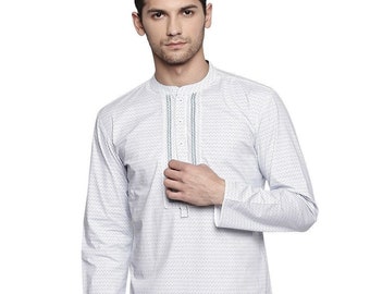 Indian contemporary white color stripes cotton men short kurta gents loose shirt with hand embroidery, mandarin collar & long sleeves