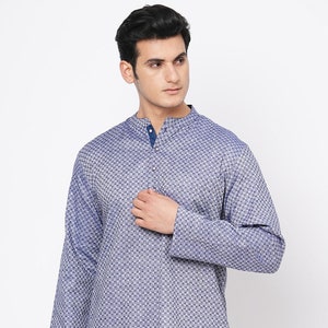 Indian contemporary men short kurta Blue & grey color cotton checkers gents loose shirt in mandarin collar and long sleeves image 2