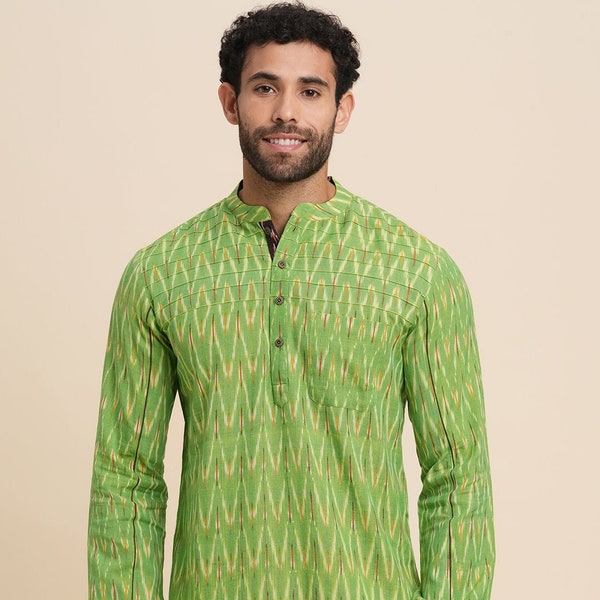 Indian men short kurta green color cotton IKKAT weave gent loose shirt mandarin collar and long sleeves