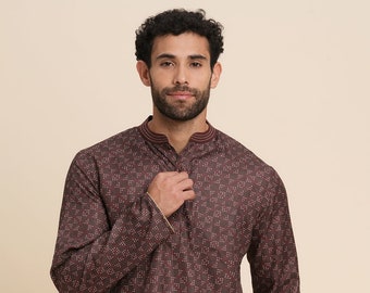 Indian men short kurta brown poly cot gent loose shirt digital printed mandarin collar and long sleeves