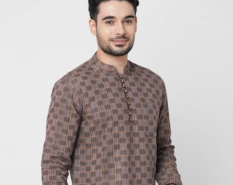 Indian contemporary men cotton short kurta rust color checker multicolor thread weave gents loose shirt mandarin collar long sleeves