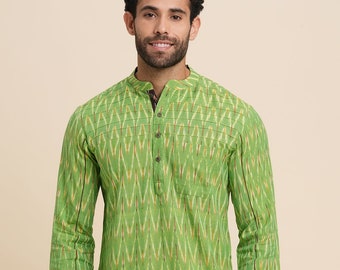 Indian men short kurta green color cotton IKKAT weave gent loose shirt mandarin collar and long sleeves