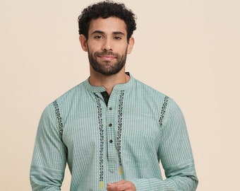 Indian men short kurta green color handloom cotton stipes with hand block printed gent loose shirt mandarin collar and long sleeves