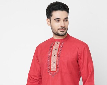 Indian men short kurta Red polycot gent loose shirt with embroidery mandarin collar and long sleeves