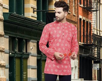Indian contemporary mauve color cotton block printed men short kurta gents loose shirt mandarin collar  long sleeves kurta