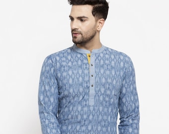 Indian contemporary denim block printed men short kurta gents short kurta loose shirt in round collar & long sleeves