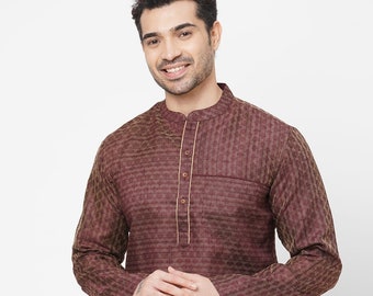 Indian contemporary brown banarsi weave man short kurta gents loose shirt , mandarin collar & long sleeves