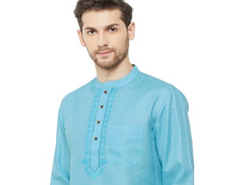 Indian festive wear sky blue color men short kurta gents loose shirt embroidery, mandarin collar kurta