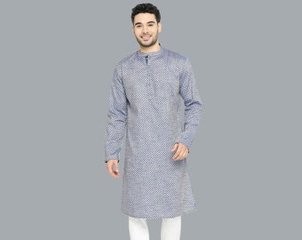 Indian contemporary men long kurta Blue & grey checkers cotton gents full kurta mandarin collar and long sleeves