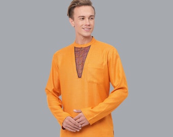 Indian contemporary men short kurta golden soft feel polycot gent loose shirt with weaving yoke, mandarin collar and long sleeves