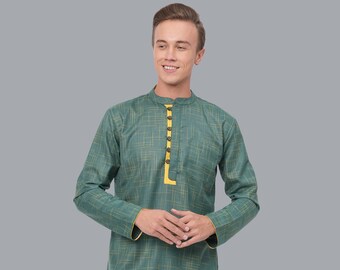 kurtabyPavanFashion green poly cotton soft weave with yellow texture men short kurta loose shirt with mandarin collar and long sleeves