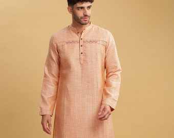Men's Peach Embroidered Jacquard Weave Long Kurta