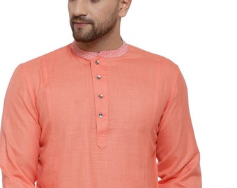 Indian festive wedding peach color poly-cot designer men short kurta loose shirt in mandarin collar & long sleeves