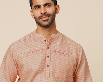 Indian men short kurta peach color jacquard poly cot gent loose shirt with embroidery mandarin collar and long sleeves