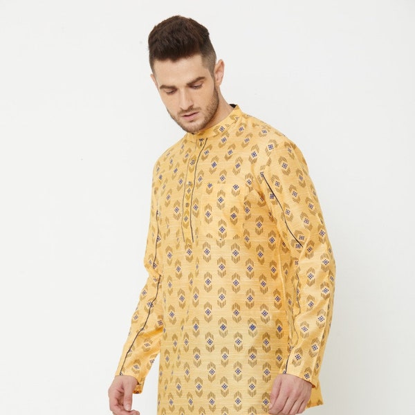 Indian  men short kurta yellow polycot hand block printed  gents loose shirt mandarin collar & long sleeves