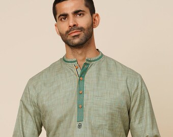 Indian men short kurta green poly cot gent loose shirt with block print mandarin collar and long sleeves