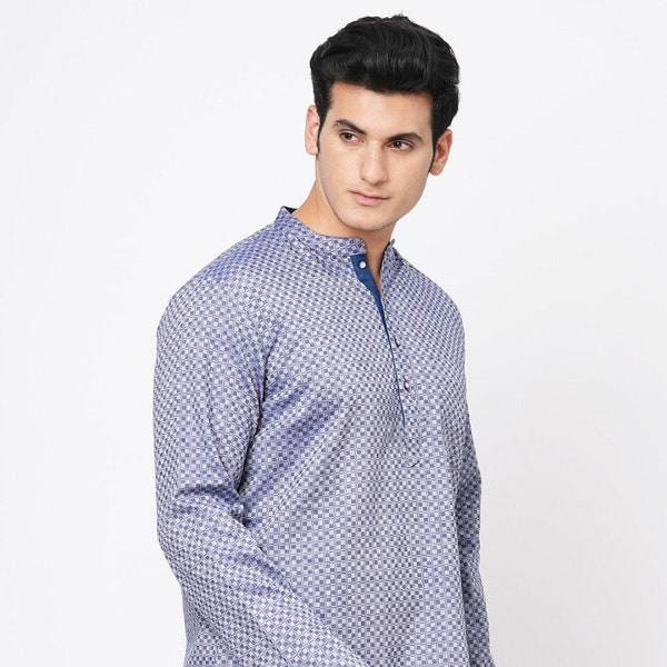Hombres contemporáneos indios kurta corta Camisa suelta de cuadros de algodón de color azul y gris para caballeros con cuello mandarín y mangas largas
