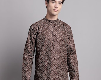 Brown Digital Print Men's long Kurta: Contemporary Indian Style