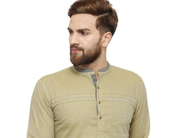 Indian contemporary bronze color men short kurta loose shirt with embroidery. mandarin collar full sleeves