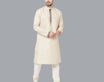 Indian contemporary men long kurta Beige color polycot Slub textured black & gold printed panel gents full kurta mandarin collar