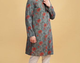 Men long kurta grey color cotton hand block 'AJRAKH' printed  gents full kurta mandarin collar and long sleeves
