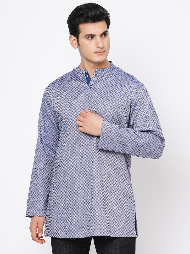 Indian contemporary men short kurta Blue & grey color cotton checkers gents loose shirt in mandarin collar and long sleeves image 2