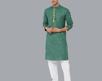 Indian contemporary men long kurta Green color polycot yellow textured embroidery gents full kurta mandarin collar