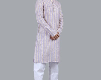 Indian contemporary men long kurta Lilac color polycot khadi textured with beige stripes  gents full kurta mandarin collar and long sleeves