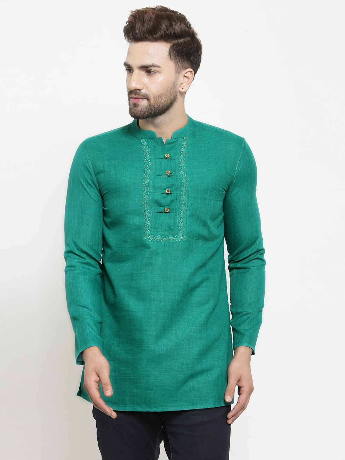Indian contemporary green color men short kurta gent short | Etsy