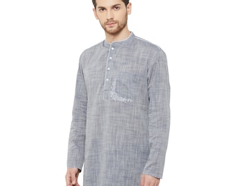 Indian contemporary men short kurta grey color poly cotton hand loom embroidery on pocket loose shirt mandarin collar & long sleeves