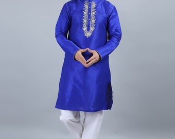 Indian festive wedding blue color poly cot Dupion with embroidery men long kurta gents full kurta mandarin collar and long sleeves