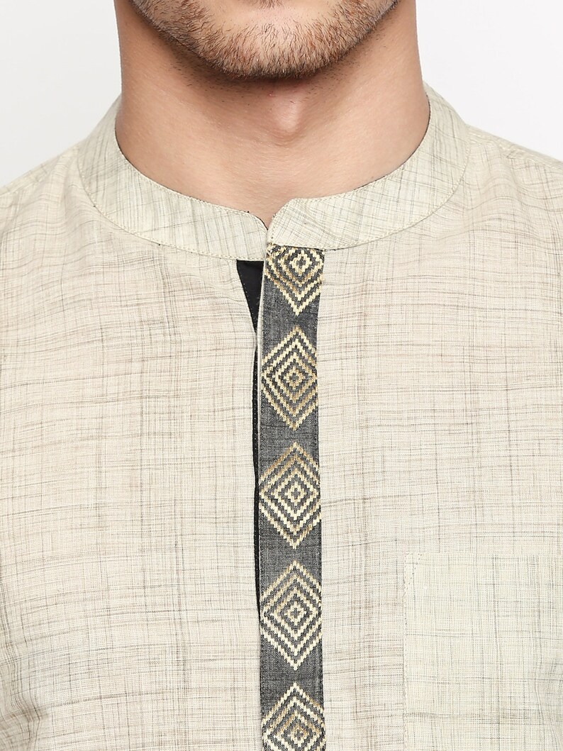 Men Beige & Grey Cotton Relax Fit Kurta Shirt main image 1