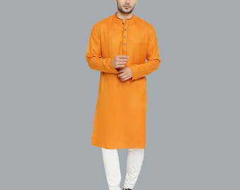 Indian contemporary men long kurta Golden yellow color polycot soft textured  gents full kurta mandarin collar and long sleeves
