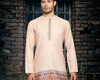 Indian wedding men short kurta party wear pashmina weave digital printed polycot a gent loose shirt with mandarin  collar and long sleeves